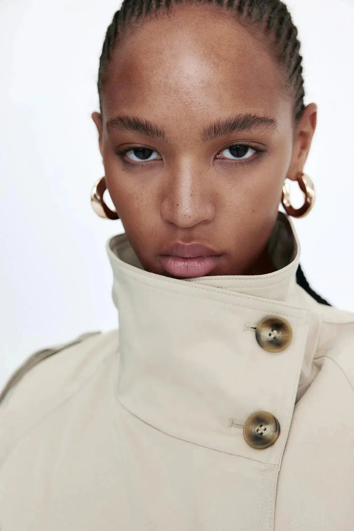Women's Trench Coat with High Collar and Tied Belt
