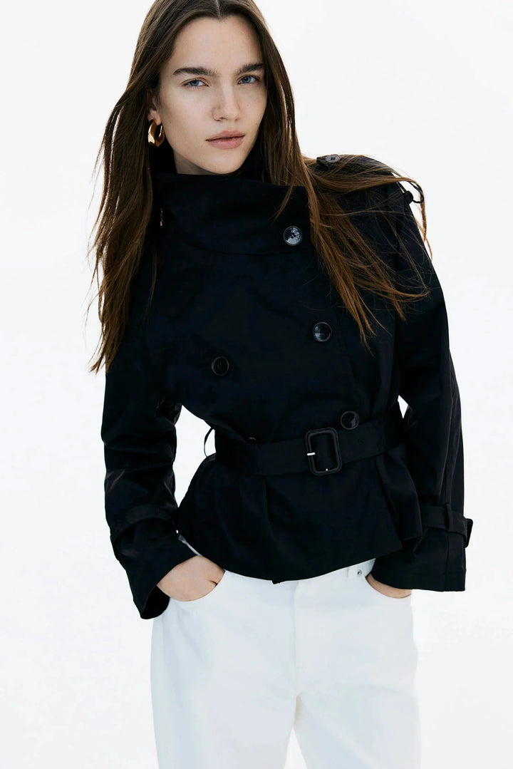 Women's Trench Coat with High Collar and Tied Belt