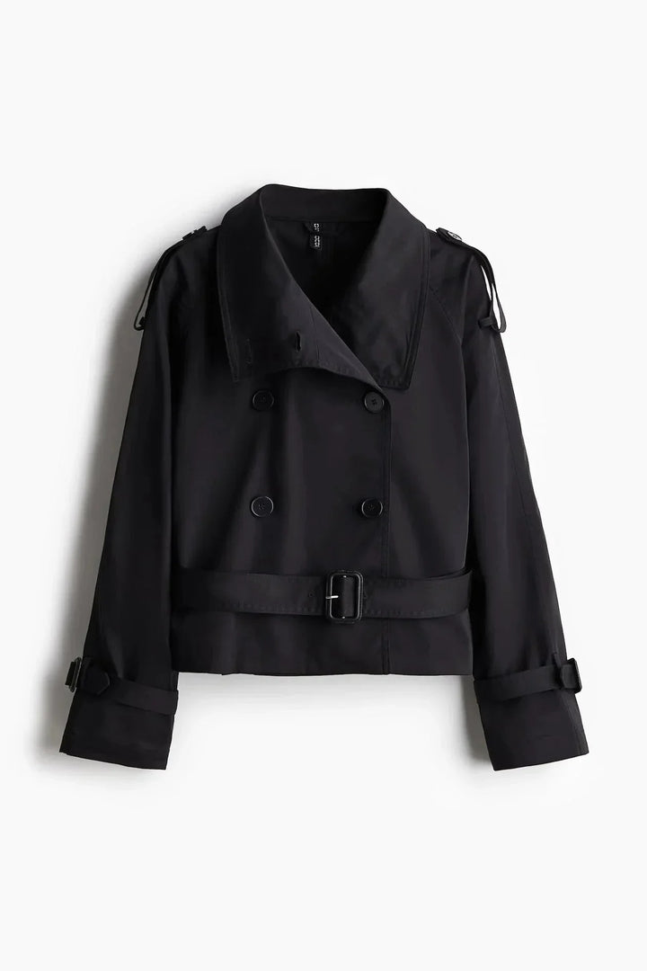Women's Trench Coat with High Collar and Tied Belt