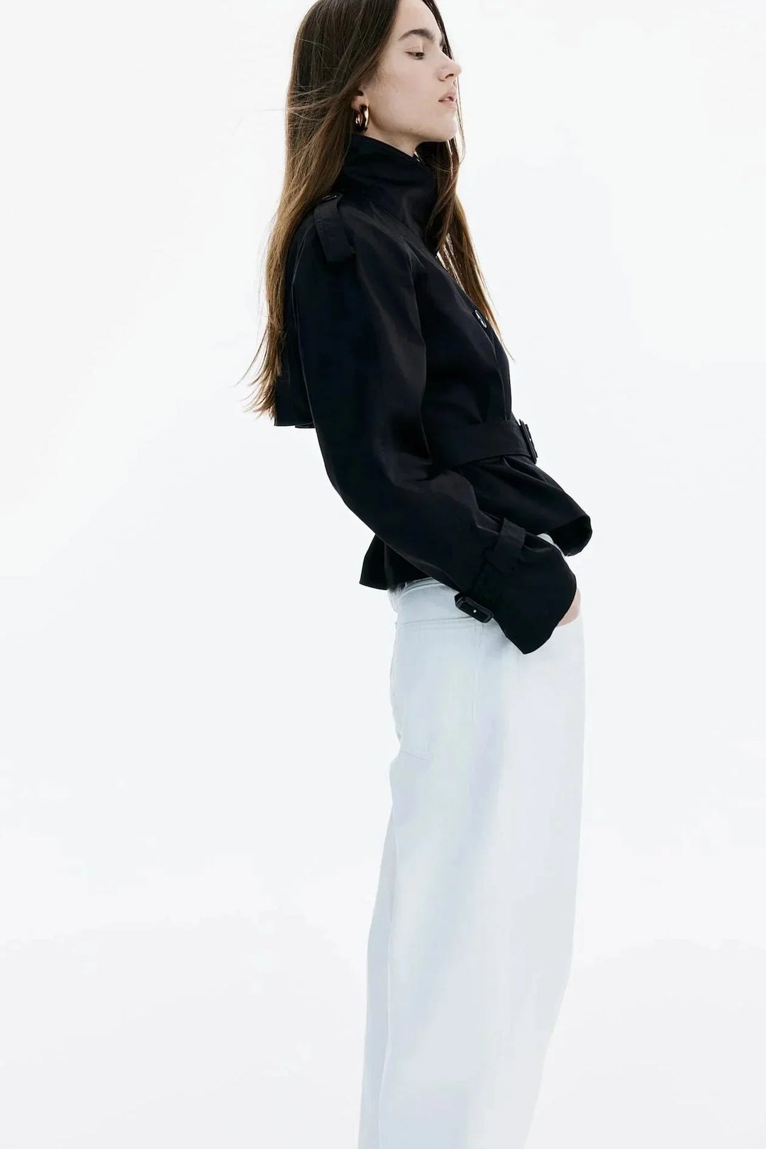 Women's Trench Coat with High Collar and Tied Belt