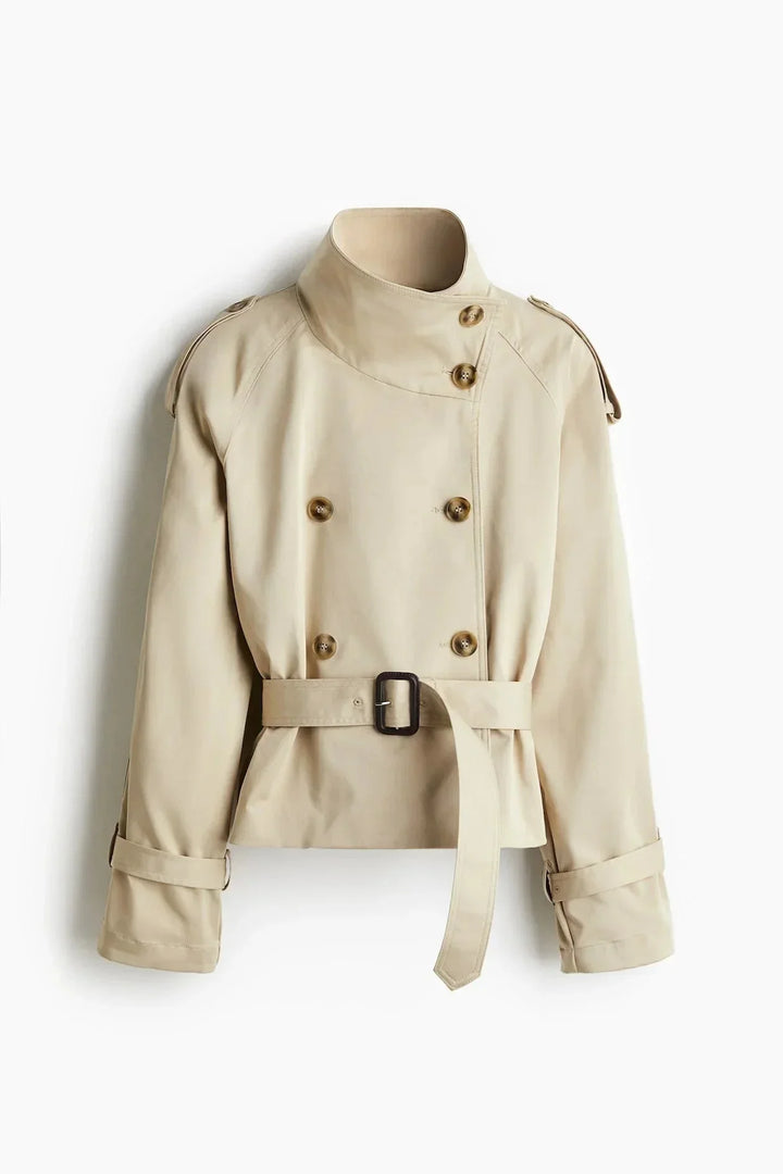 Women's Trench Coat with High Collar and Tied Belt