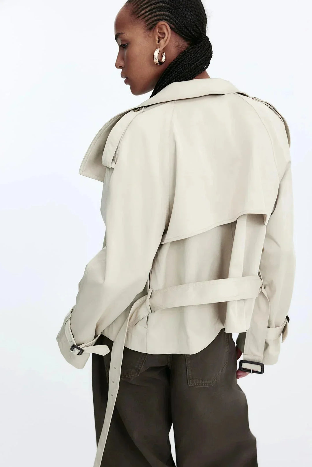 Women's Trench Coat with High Collar and Tied Belt