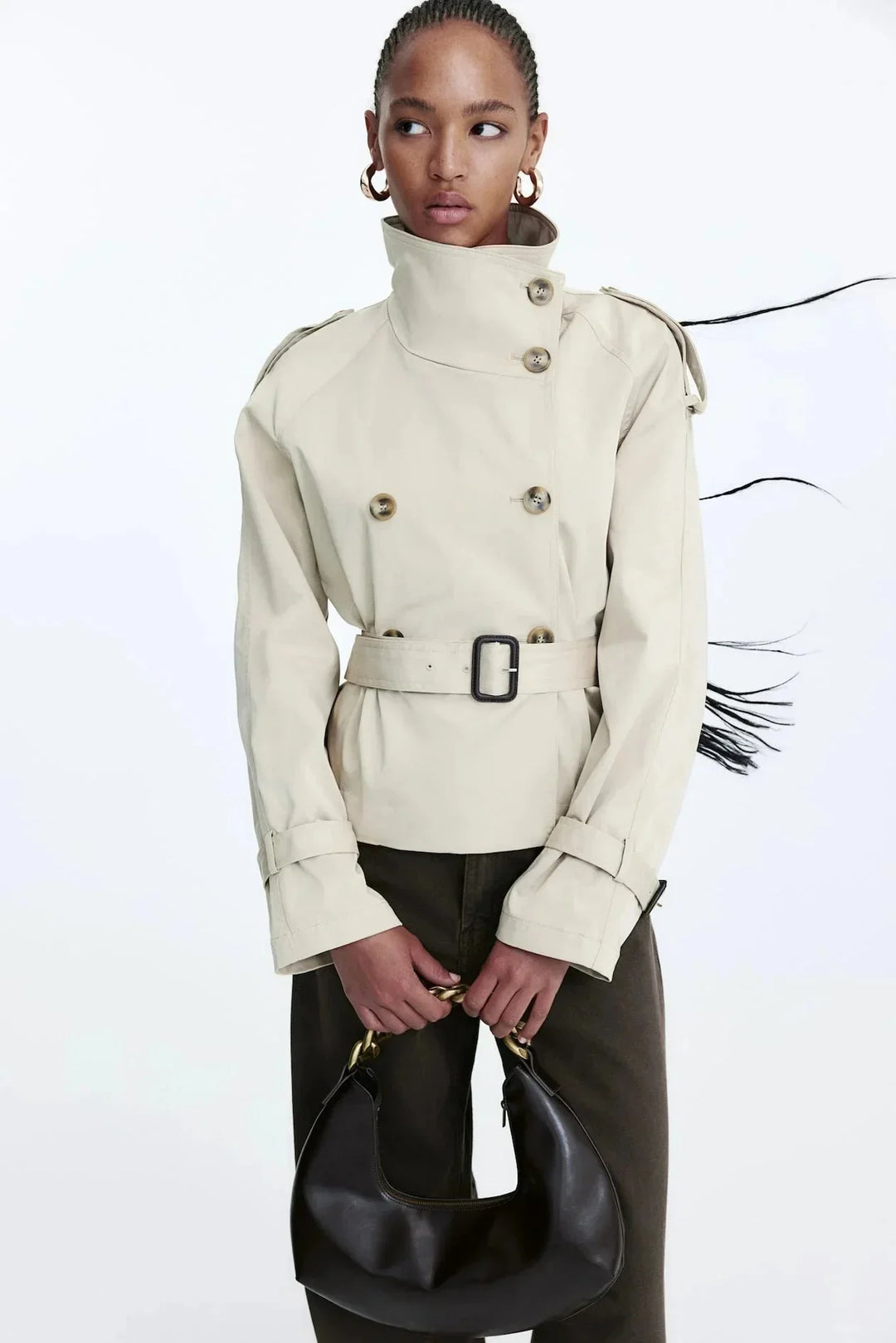 Women's Trench Coat with High Collar and Tied Belt