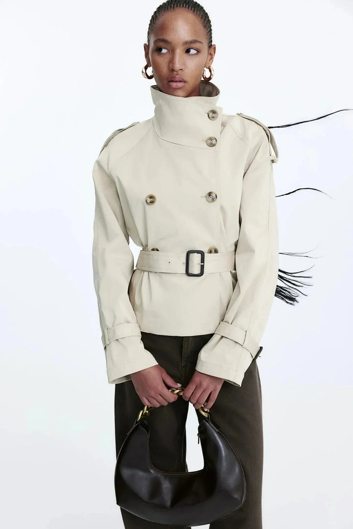 Women's Trench Coat with High Collar and Tied Belt
