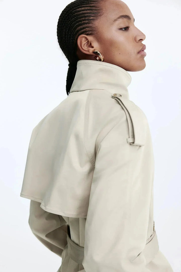 Women's Trench Coat with High Collar and Tied Belt