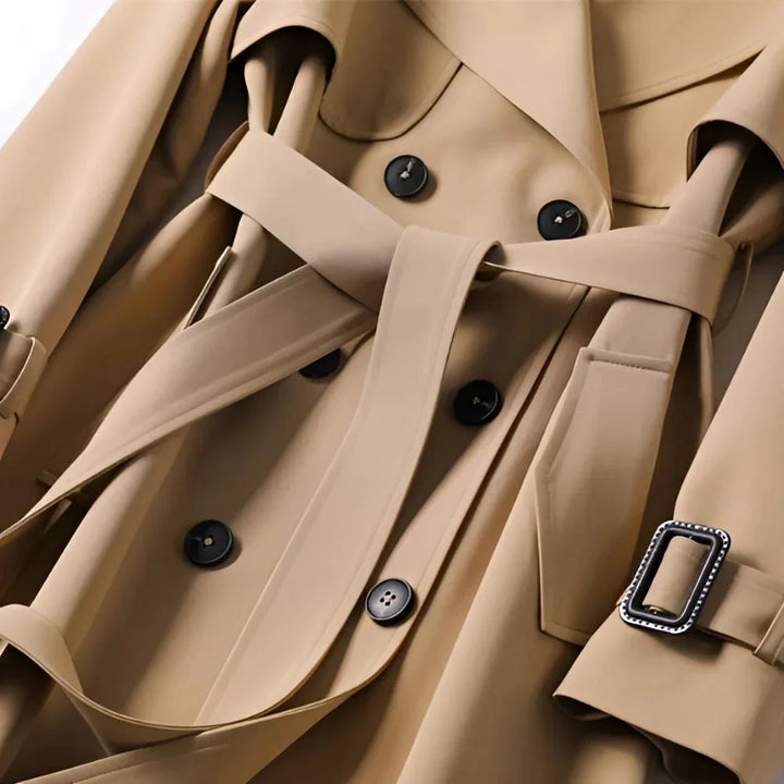 Long belted trench coat for women with lapels