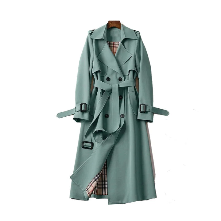 Long belted trench coat for women with lapels
