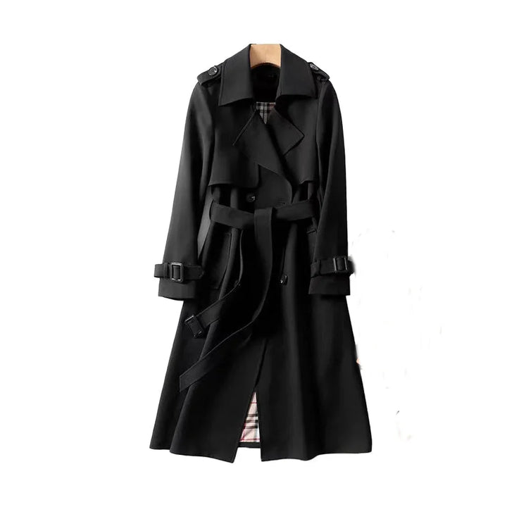 Long belted trench coat for women with lapels