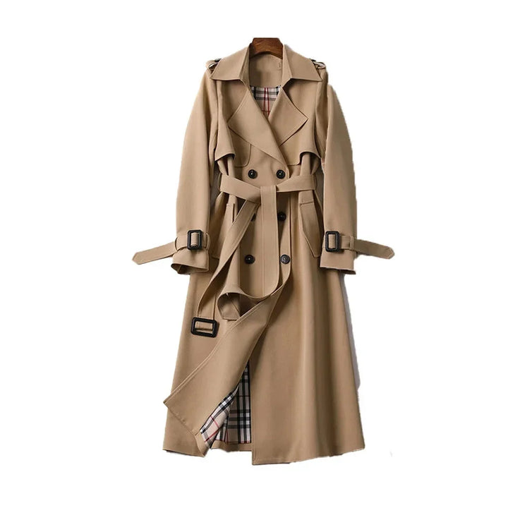 Long belted trench coat for women with lapels