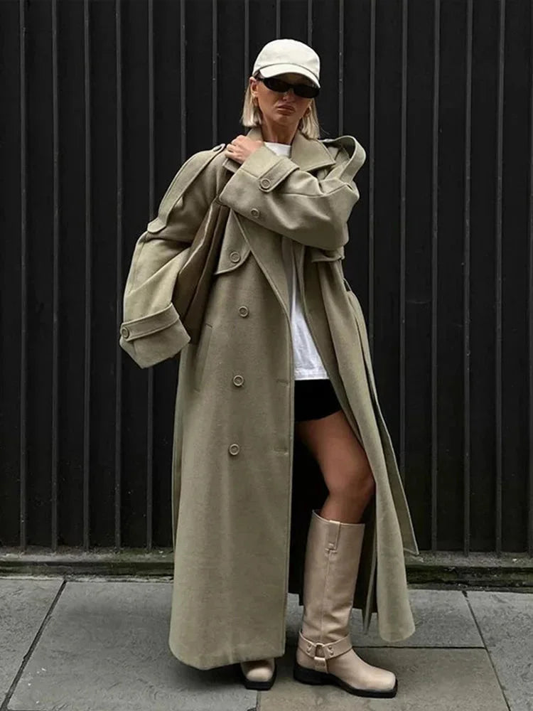 Long oversized women's trench coat with wide lapels