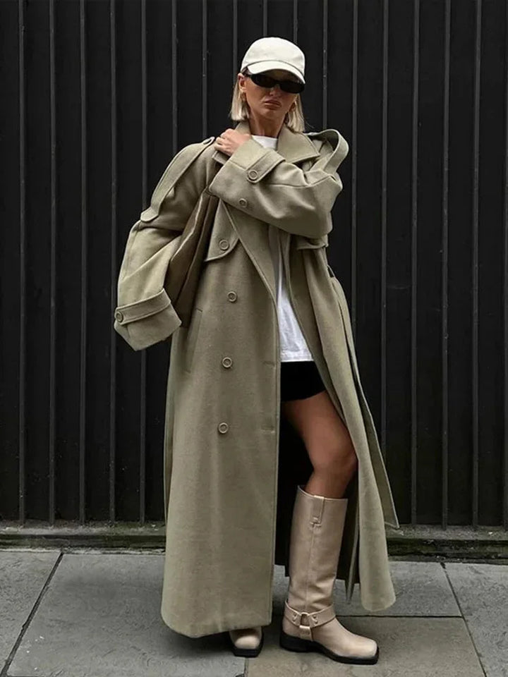 Long oversized women's trench coat with wide lapels