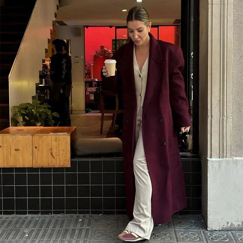 Long oversized women's trench coat with wide lapels