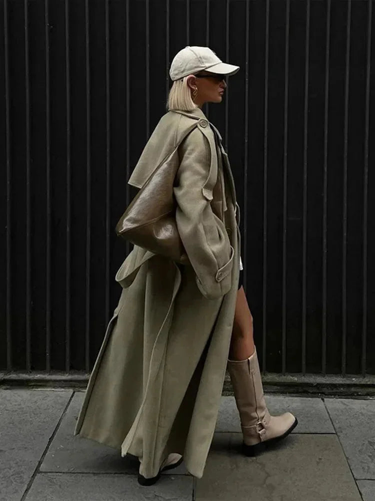 Long oversized women's trench coat with wide lapels