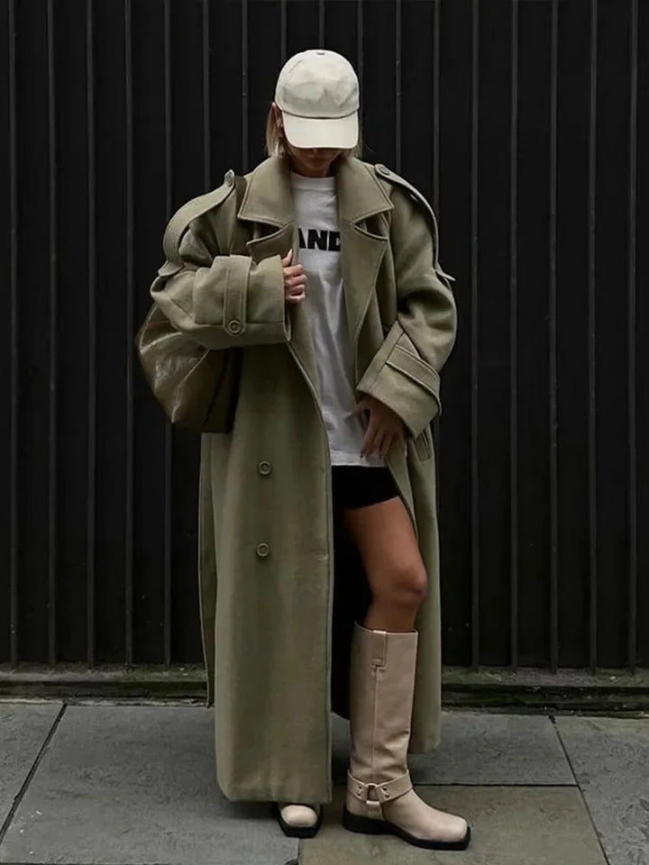 Long oversized women's trench coat with wide lapels