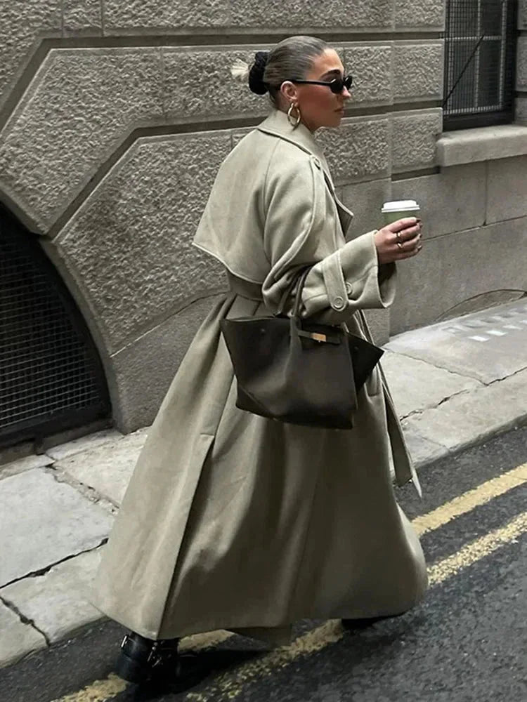 Long oversized women's trench coat with wide lapels
