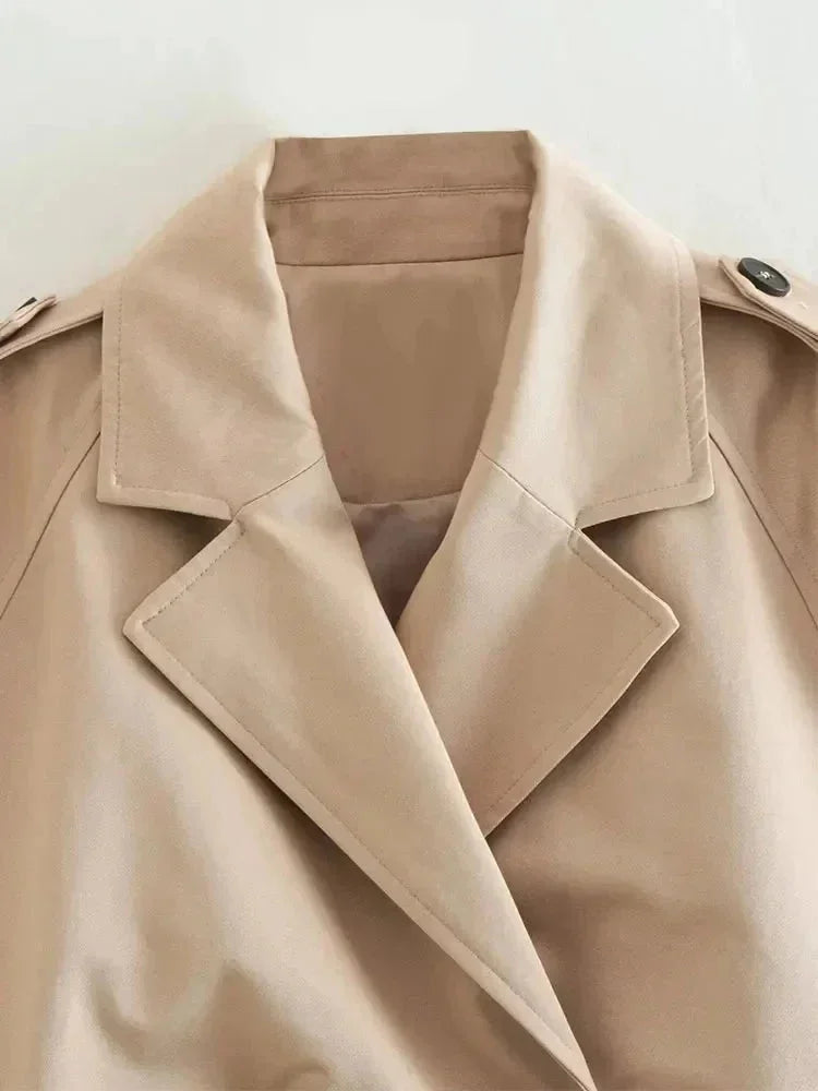 Beige Short Trench Coat for Women with Elegant Long Sleeves