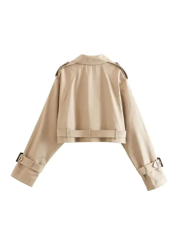 Beige Short Trench Coat for Women with Elegant Long Sleeves