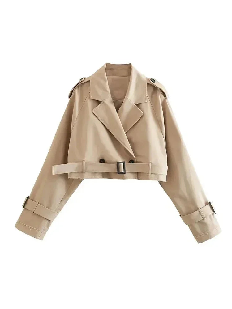Beige Short Trench Coat for Women with Elegant Long Sleeves