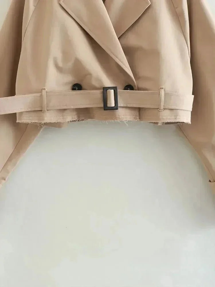 Beige Short Trench Coat for Women with Elegant Long Sleeves