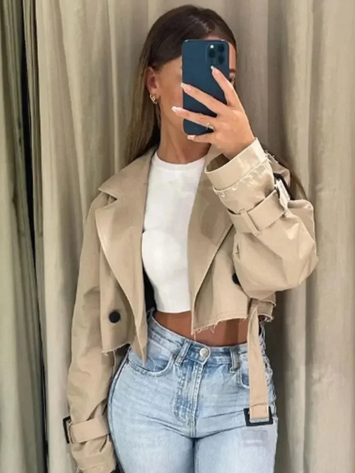 Beige Short Trench Coat for Women with Elegant Long Sleeves