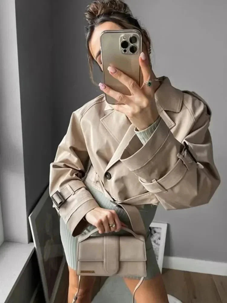 Beige Short Trench Coat for Women with Elegant Long Sleeves