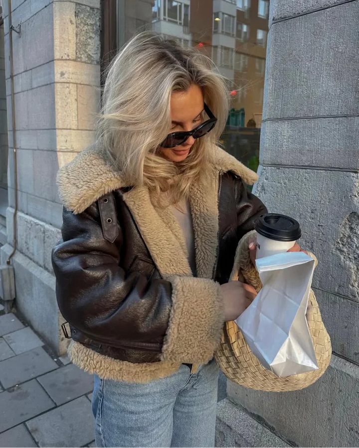 Brown Faux Leather Women's Aviator Jacket
