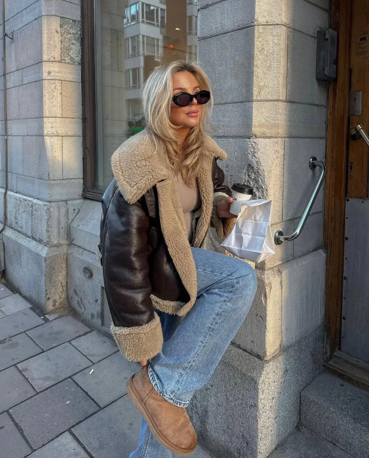 Brown Faux Leather Women's Aviator Jacket