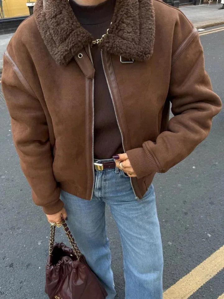 Brown aviator jacket for women with faux fur collar