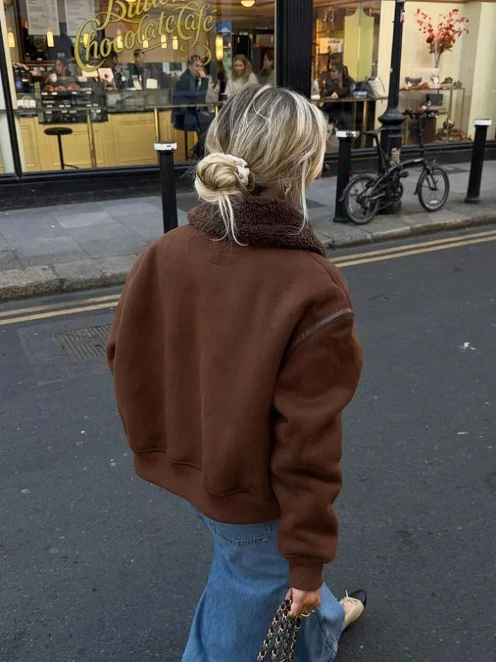 Brown aviator jacket for women with faux fur collar