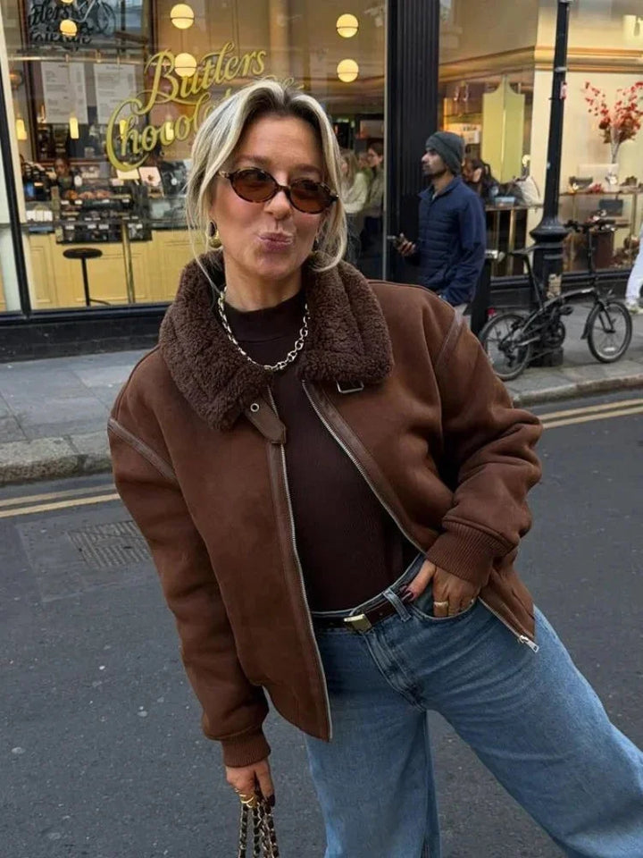 Brown aviator jacket for women with faux fur collar