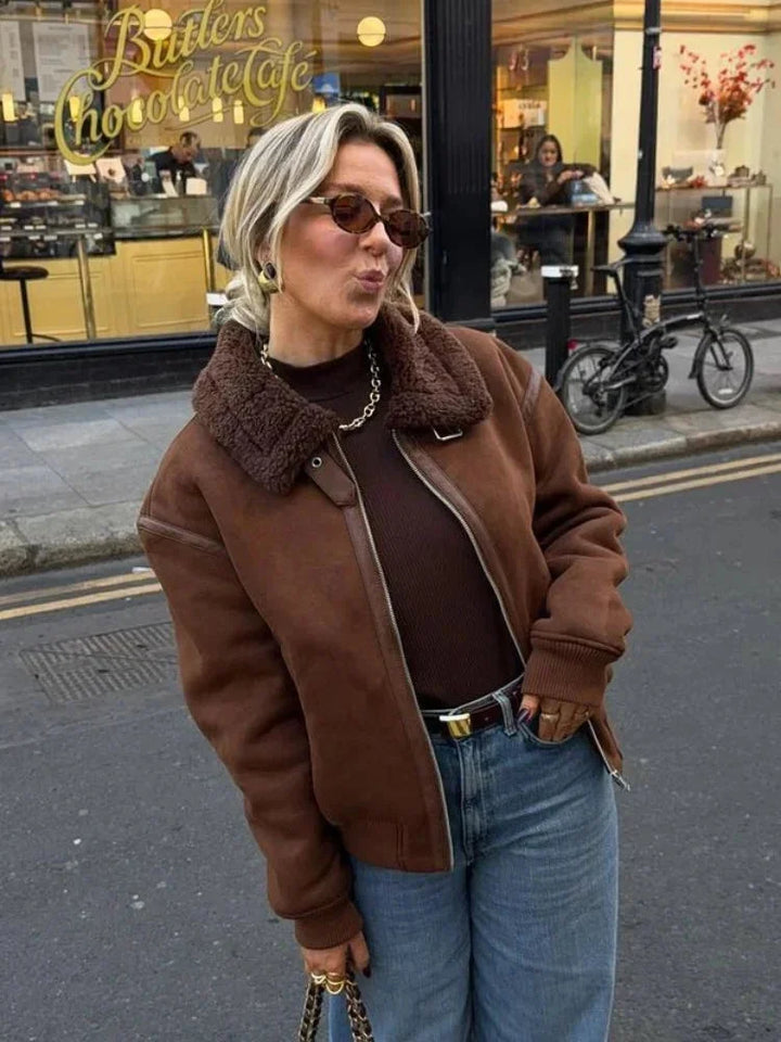 Brown aviator jacket for women with faux fur collar