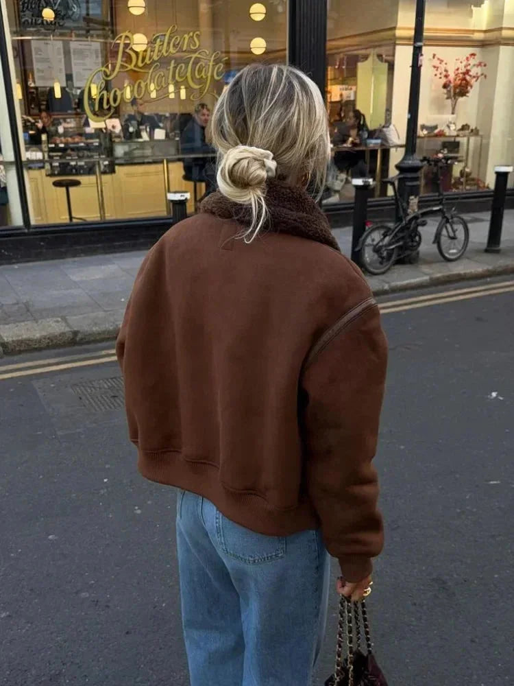 Brown aviator jacket for women with faux fur collar