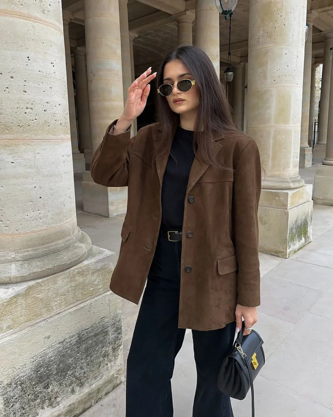 Brown Suede Blazer for Women with Pockets