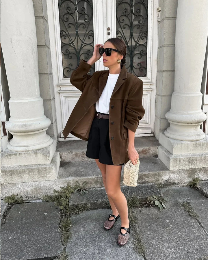 Brown Suede Blazer for Women with Pockets