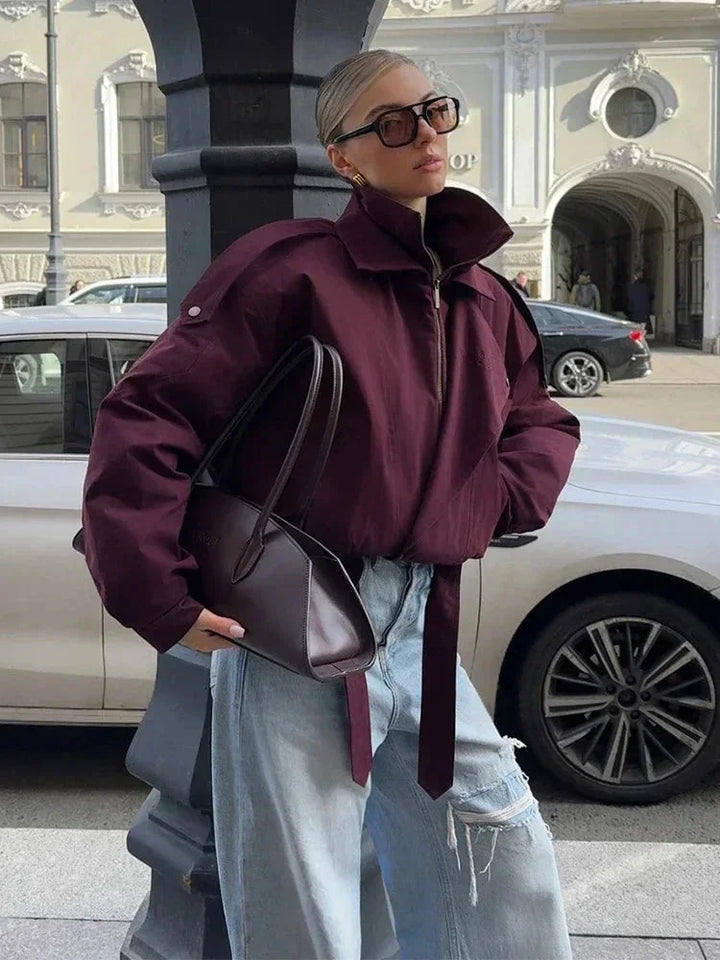 Burgundy Women's Bomber Jacket with High Collar and Pockets