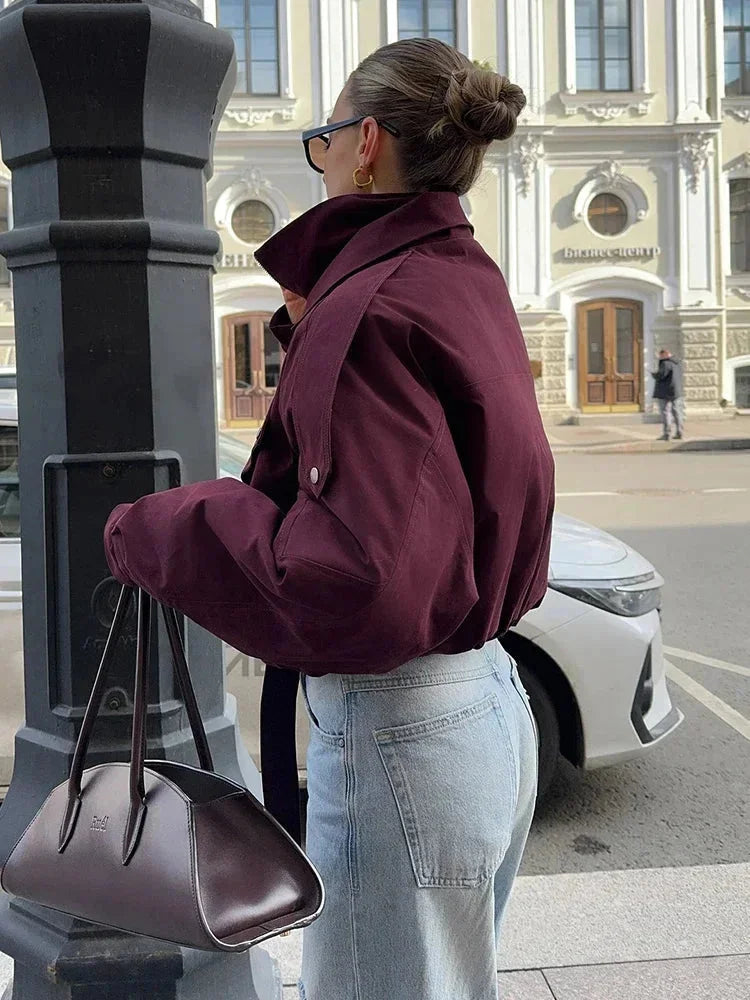 Burgundy Women's Bomber Jacket with High Collar and Pockets