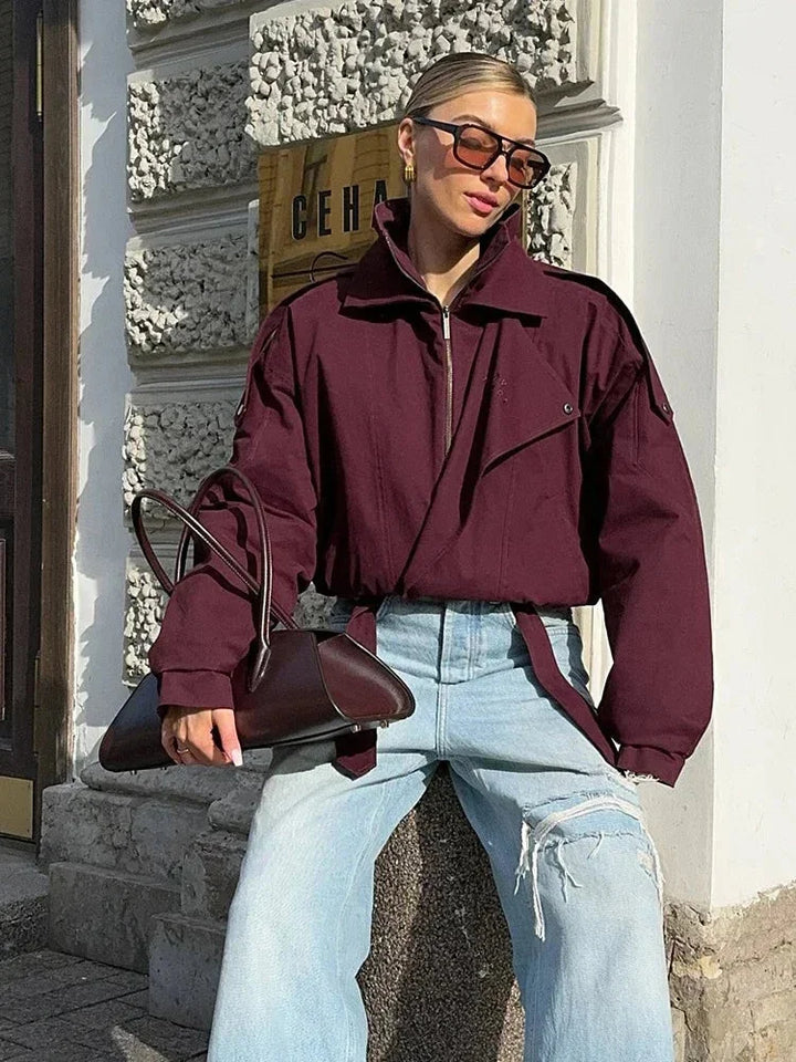 Burgundy Women's Bomber Jacket with High Collar and Pockets
