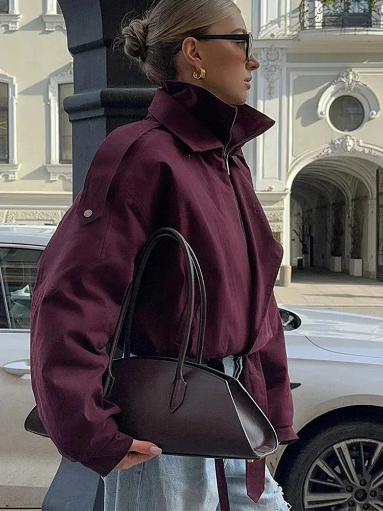 Burgundy Women's Bomber Jacket with High Collar and Pockets