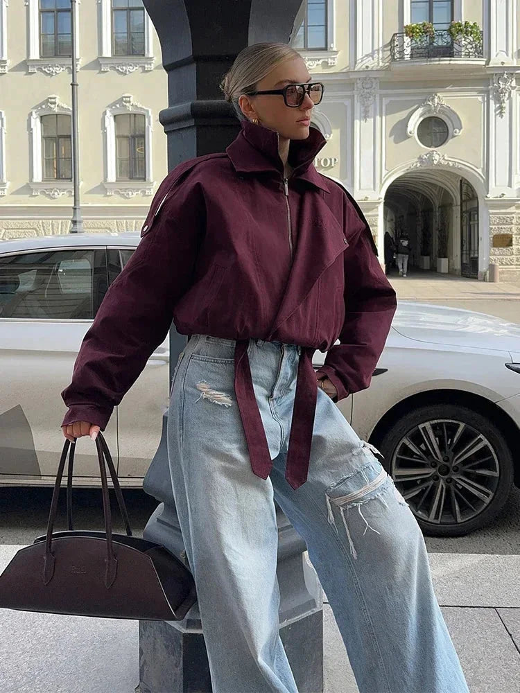 Burgundy Women's Bomber Jacket with High Collar and Pockets