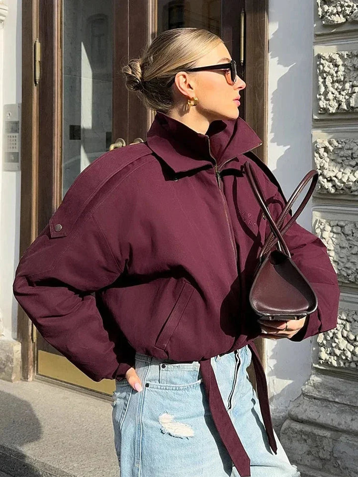 Burgundy Women's Bomber Jacket with High Collar and Pockets