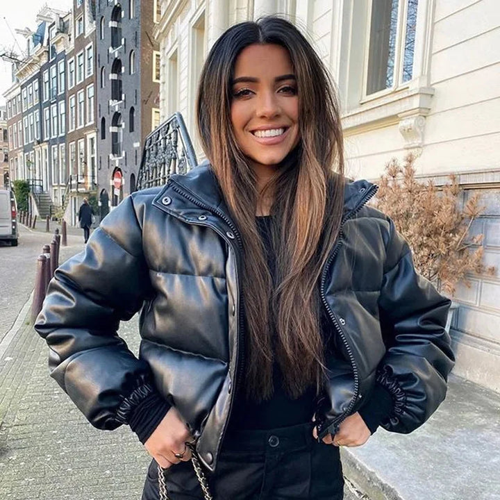 Women's Winter Puffer Jacket with Hood and Zipper