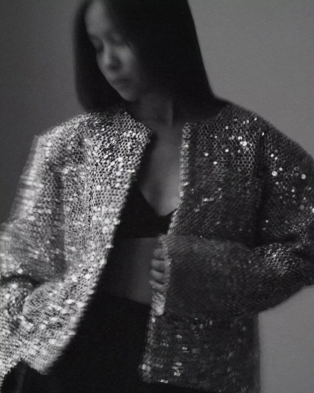 Women's bomber jacket with silver sequins