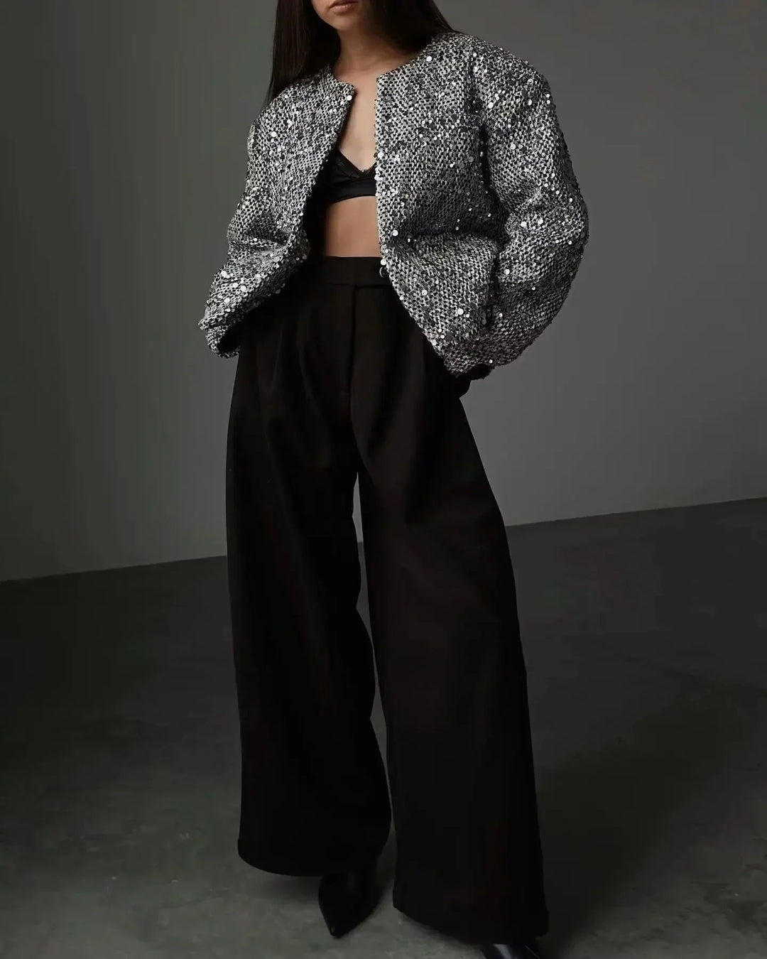 Women's bomber jacket with silver sequins