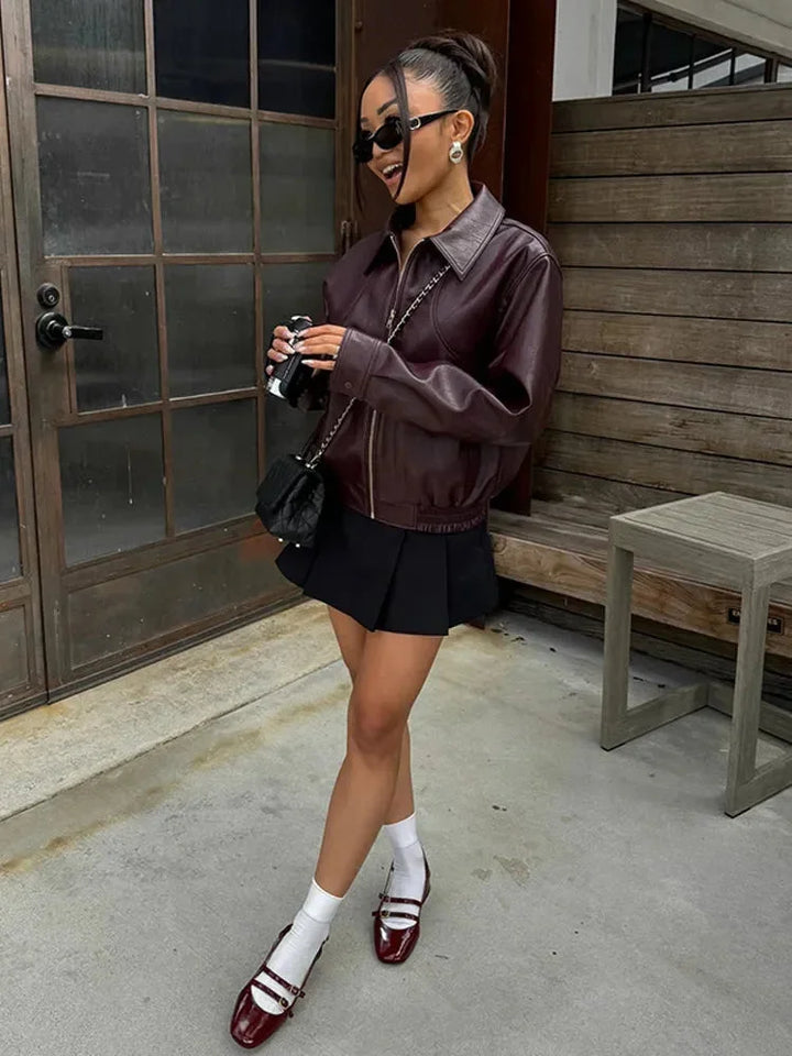 Women's Burgundy Bomber Jacket in Elegant Faux Leather