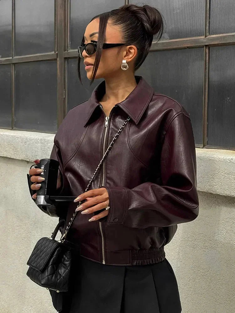 Women's Burgundy Bomber Jacket in Elegant Faux Leather