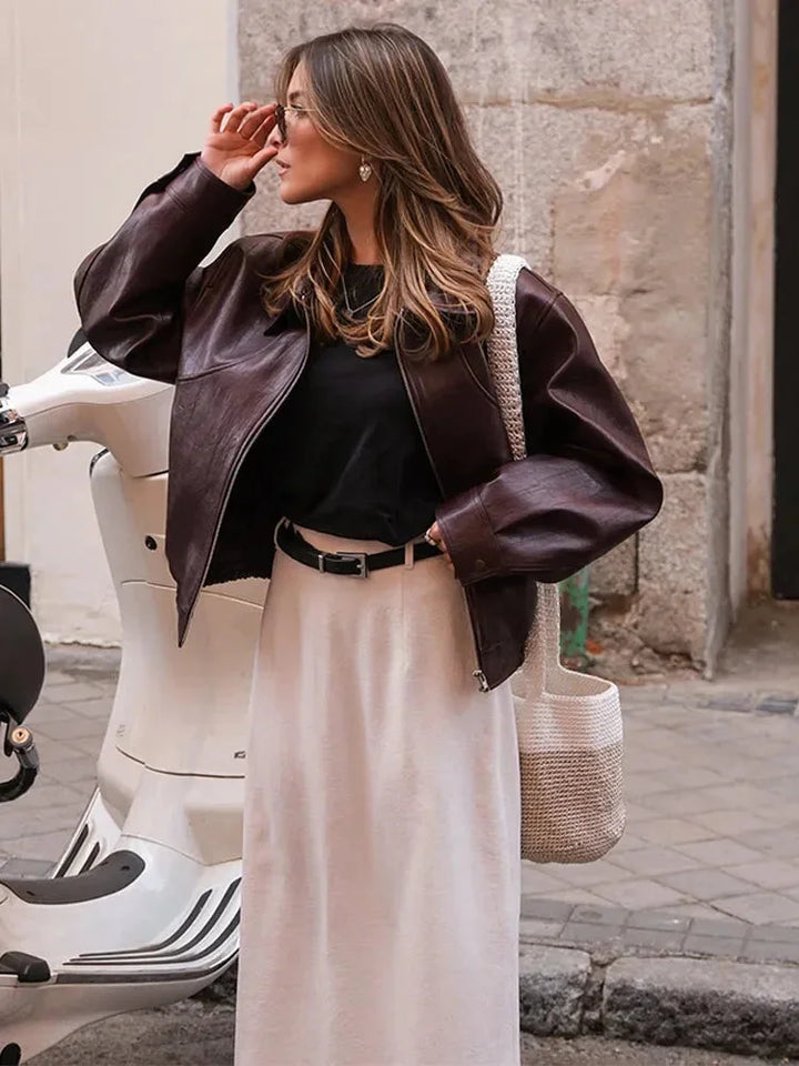 Women's Burgundy Bomber Jacket in Elegant Faux Leather