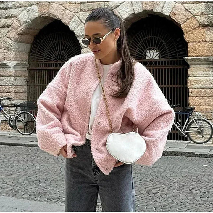Women's Pink Teddy Bomber Jacket
