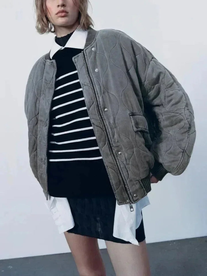 Oversized Quilted Women's Bomber Jacket with Snap Buttons