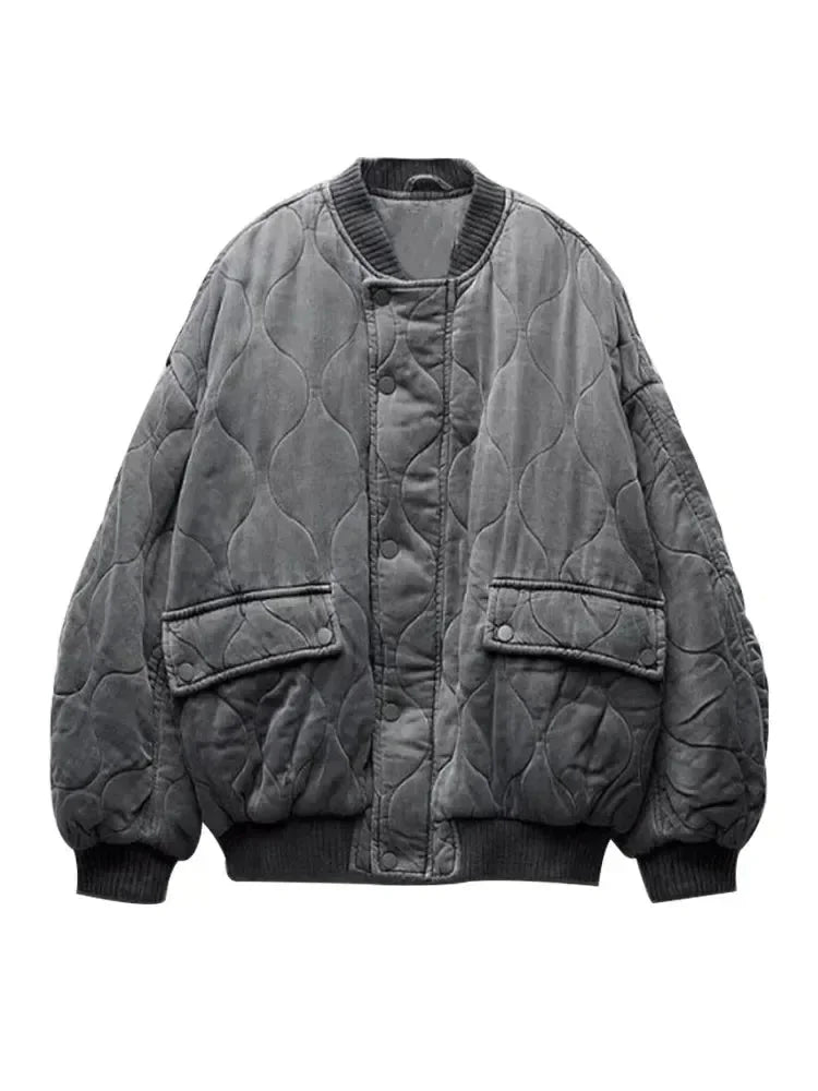 Oversized Quilted Women's Bomber Jacket with Snap Buttons