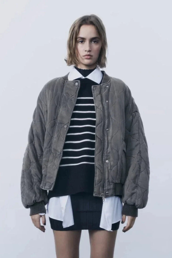 Oversized Quilted Women's Bomber Jacket with Snap Buttons
